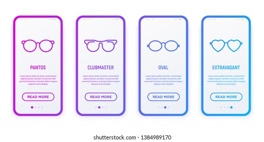 Eyeglasses thin line icons set: pantos clumbaster, oval, extravagant. Modern vector illustration for user mobile interface.