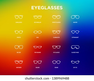 Eyeglasses thin line icons set: sunglasses, sport glasses, rectangular, aviator, wayfarer, round, square, cat eye, oval, extravagant, big size, for reading. Modern vector illustration.