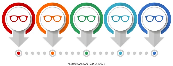 Eyeglasses vector icon set, flat design infographic template, set pointer concept icons in 5 color options for webdesign and mobile applications