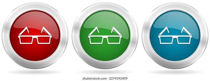 Juego de iconos vectoriales de anteojos. Botones de web metálicos de plata roja, azul y verde con borde cromado