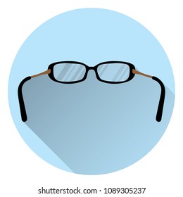 Eyeglasses for vision. On round blue background with shadow. Flat style, icon. 10 eps