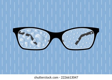 Anteojos con gotas de agua sobre lentes, sobre fondo lluvioso. Concepto de recubrimiento hidrofóbico en la lente