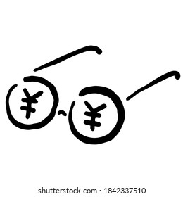 Eyeglasses with Yen Sign: Doodle Icon, Hand drawn vector Icon like woodblock print