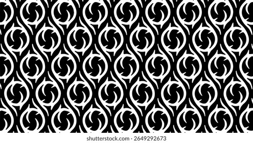Eye-inspired circular pattern in black and white with repeating forms that create a bold and symmetrical tribal design.