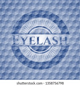 Eyelash blue emblem with geometric pattern background.