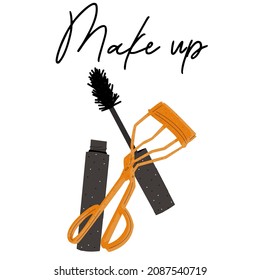 Eyelash clip and mascara.Make up.Doodle.Vector illustration on white background.