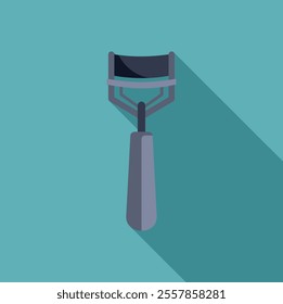 Eyelash curler casting a long shadow over a turquoise background, in a minimalist flat lay style