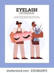 Eyelash extension advertising poster, women holding instruments - flat vector illustration. Professional beauty salon treatment for long lushes.