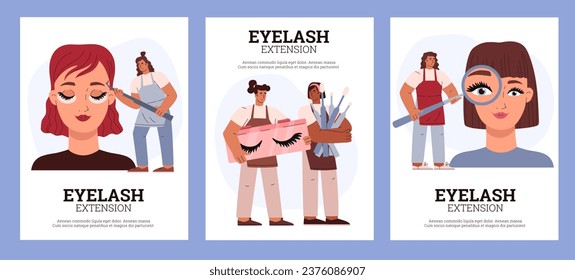 Eyelash extension advertising posters set, flat vector illustration. Beauty salon banners collection. Women getting lush extension with professional instruments.