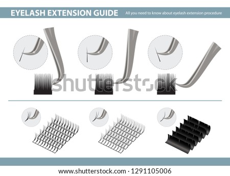 Eyelash Extension Application Tools and Supplies. How to use Tweezers in Eyelash Extension. Vector Illustration. Template for Makeup and Cosmetic Procedures in beauty salon. Training poster. Guide