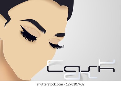 Eyelash extension. Beautiful eyelashes ready design template in paper volumetric style layers in color, beautiful girl with eyelashes and eyebrows