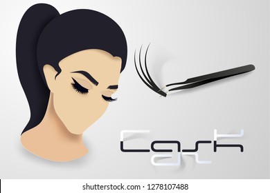 Eyelash extension. Beautiful eyelashes ready design template in paper volumetric style layers in color, beautiful girl with eyelashes and eyebrows
