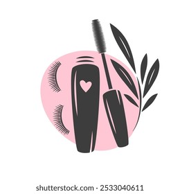 Eyelash extension, brows and makeup. Beauty salon logo. Mascara brush, eyelashes. Vector illustration 