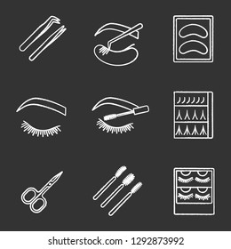 Eyelash extension chalk icons set. Tweezers, disposable eyeshadow pads, closed woman's eye, mascara wands, scissors, eyelash extension packaging. Isolated vector chalkboard illustrations