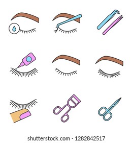 Eyelash extension color icons set. Makeup tools. Primer, cluster, tweezers, glue, lash curler, scissors, stop touching, before and after eyelash extension. Isolated vector illustrations