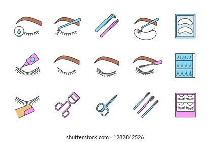 Eyelash extension color icons set. Individual, flare lashes. 3D, 2D volume eyelashes. Makeup. Scissors, lash curler, tweezers, mascara wand. Isolated vector illustrations