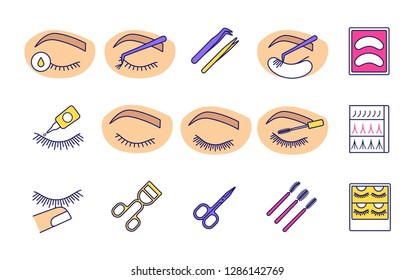 Eyelash extension color icons set. Individual, flare lashes. 3D, 2D volume eyelashes. Makeup. Scissors, lash curler, tweezers, mascara wand. Isolated vector illustrations