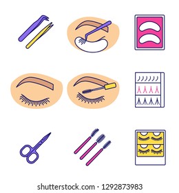 Eyelash extension color icons set. Tweezers, disposable eyeshadow pads, closed woman's eye, mascara wands, scissors, eyelash extension packaging. Isolated vector illustrations