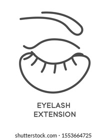 Eyelash extension cosmetic services icon. Closed eyes with eye patch beneath lashes and eyebrows. Professional beauty salon procedure. Linear, minimal graphic vector illustration on white background.