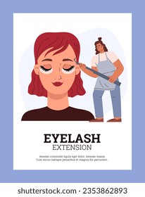 Eyelash extension cosmetologist service advertising banner or poster template, flat vector illustration on white background. Eyelash extension beauty procedure.