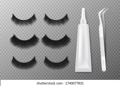 Eyelash extension. False eyelashes and tools on a transparent background. Vector illustration.