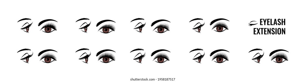 Eyelash Extension. False Lash Shape For Doll Look. Eye Style Infographic. Makeup Tutorial. Lengthening Mascara Effect. Salon Beauty Procedure. Vector Front And Side View Of Female Face