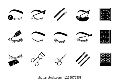 Eyelash Extension Glyph Icons Set. Silhouette Symbols. Individual, Flare Lashes. 3D, 2D Volume Eyelashes. Makeup. Scissors, Lash Curler, Tweezers, Mascara Wand. Vector Isolated Illustration