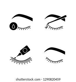 Eyelash extension glyph icons set. Silhouette symbols. False lashes glue, primer for eyelash extension, cluster, closed woman's eye. Vector isolated illustration