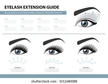 Eyelash extension guide. Direction schemes. Tips and tricks for lash extension. Infographic vector illustration. Template for Makeup and cosmetic procedures. Training poster 