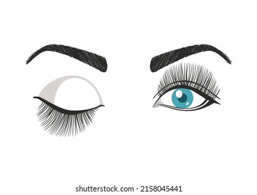 Eyelash-Erweiterungsleitfaden. Puppe (süß) Schnürsenkel. Ein offenes blaues Auge, ein anderes geschlossen.