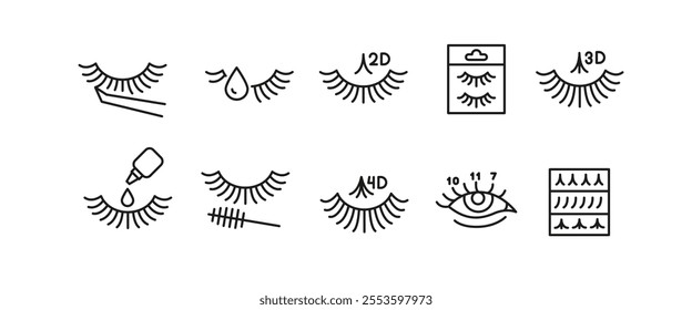 Eyelash Extension Icons. 10 eyelash extension trendy minimal icons. Tweezer, Eyelash, Lash Glue, Eye, Mascara icons. Design signs for web, mobile app, packaging design. Vector illustration