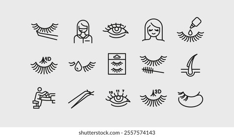 Eyelash Extension Icons. 15 eyelash extension trendy minimal icons. Tweezer, Eyelash, Lash Glue, Eye, Mascara icons. Design signs for web, mobile app, packaging design. Vector illustration