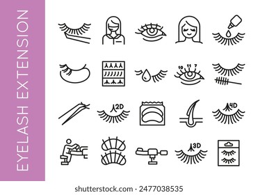 Eyelash Extension Icons. Large set of eyelash extension trendy minimal icons. Tweezer, Eyelash, Lash Glue, Eye, Mascara icons. Design signs for web, mobile app, packaging design. Vector illustration