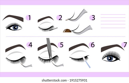 Eyelash extension infographics. Step by step guide. vector illustration