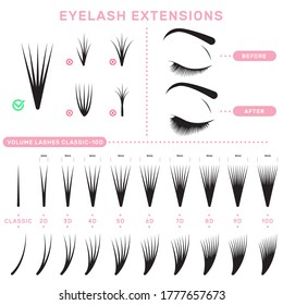 Eyelash extension infographics. Volume boost guide, fake lashes application, eyelashes cluster set. Can be used for beauty care or salon concept