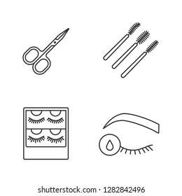 Eyelash extension linear icons set. Thin line contour symbols. Scissors, mascara wands, false lashes packaging, primer for eyelash extension. Isolated vector outline illustrations. Editable stroke