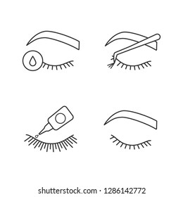 Eyelash extension linear icons set. Thin line contour symbols. False lashes glue, primer for eyelash extension, cluster, closed woman's eye. Isolated vector outline illustrations. Editable stroke