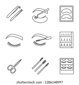 Eyelash extension linear icons set. Thin line contour symbols. Tweezers, disposable eyeshadow pads, closed woman's eye, mascara wands, scissors. Isolated vector outline illustrations. Editable stroke