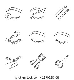 Eyelash extension linear icons set. Thin line contour symbols. Makeup tools. Primer, cluster, tweezers, glue, curler, scissors, stop touching. Isolated vector outline illustrations. Editable stroke