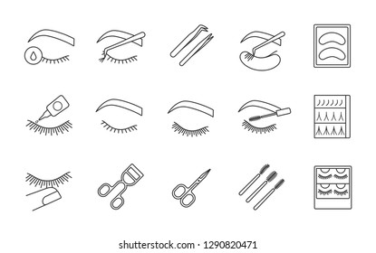 Eyelash extension linear icons set. Thin line contour symbols. Individual, flare lashes. Makeup. Scissors, lash curler, tweezers, mascara wand. Isolated vector outline illustrations. Editable stroke