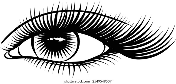 Eyelash extension logo design. Hand drawn vector beautiful female eye with long black lashes. Woman Single eye. Eyelid