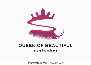 Diseño de logotipo de extensión de Eyelash para procedimientos de maquillaje y cosméticos, silueta de pestañas combinadas con letra s e icono de la corona