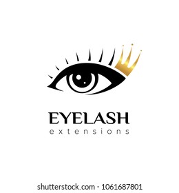 Eyelash extension logo. Eye with a golden crown . Vector illustration in a modern style
