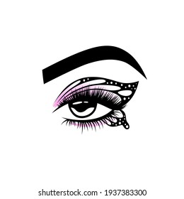 Eyelash extension logo, graphic element. Vector illustration of female eye with long lashes and art make-up. Makeup master logo. For beauty salon, lash extensions maker, brow master. Woman eye logo.