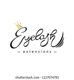 Eyelash extension logo. Handwritten lettering with a gold crown. Vector illustration in a modern style