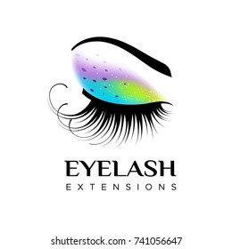 Eyelash extension logo. Makeup with colored glitter. Vector illustration in a modern style