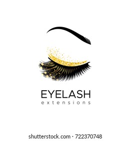 Eyelash extension logo. Makeup with gold glitter. Vector illustration in a modern style