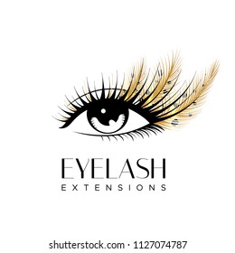 Eyelash extension logo. Makeup with golden feathers. Vector illustration in a modern style