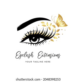 Eyelash extension logo. Makeup with Golden butterfly and leaves. Vector illustration in a modern style