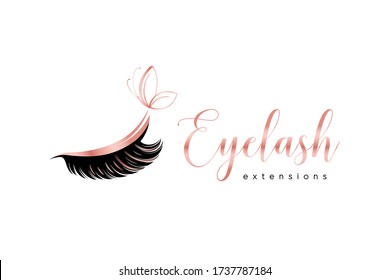 Eyelash extension logo. Makeup with rose gold butterfly. Vector illustration in a feminine style